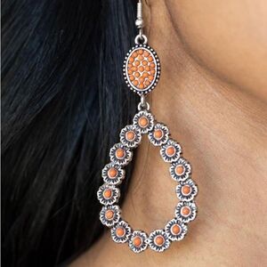Orange and silver floral tear drop earrings